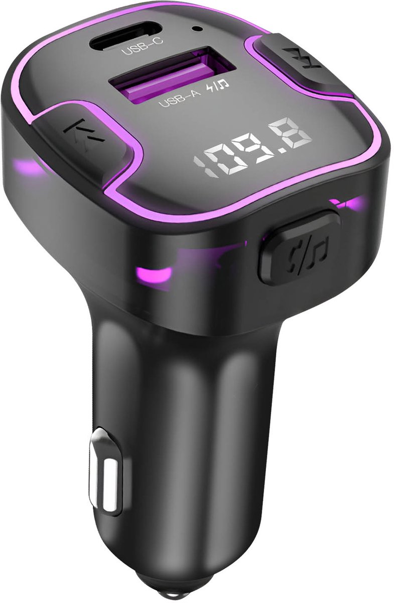 XO, FM-zender Bluetooth voor in de auto met achtergrondverlichting en USB C-oplader, Zwart