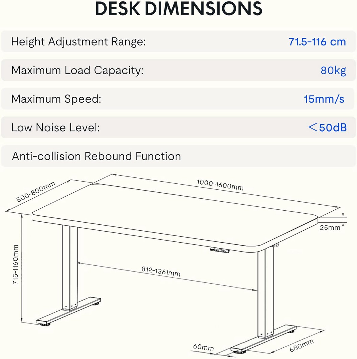 Elektrisch Zit-Sta Bureau 140x80 cm Esdoorn/Zwart – House&Garden Executive Pro Hoogte Verstelbaar Bureau met LED Display, Geheugenfunctie, Kabelmanagement, Anti-Botsing Systeem en Ergonomisch Werkblad voor Thuiswerken & Kantoor