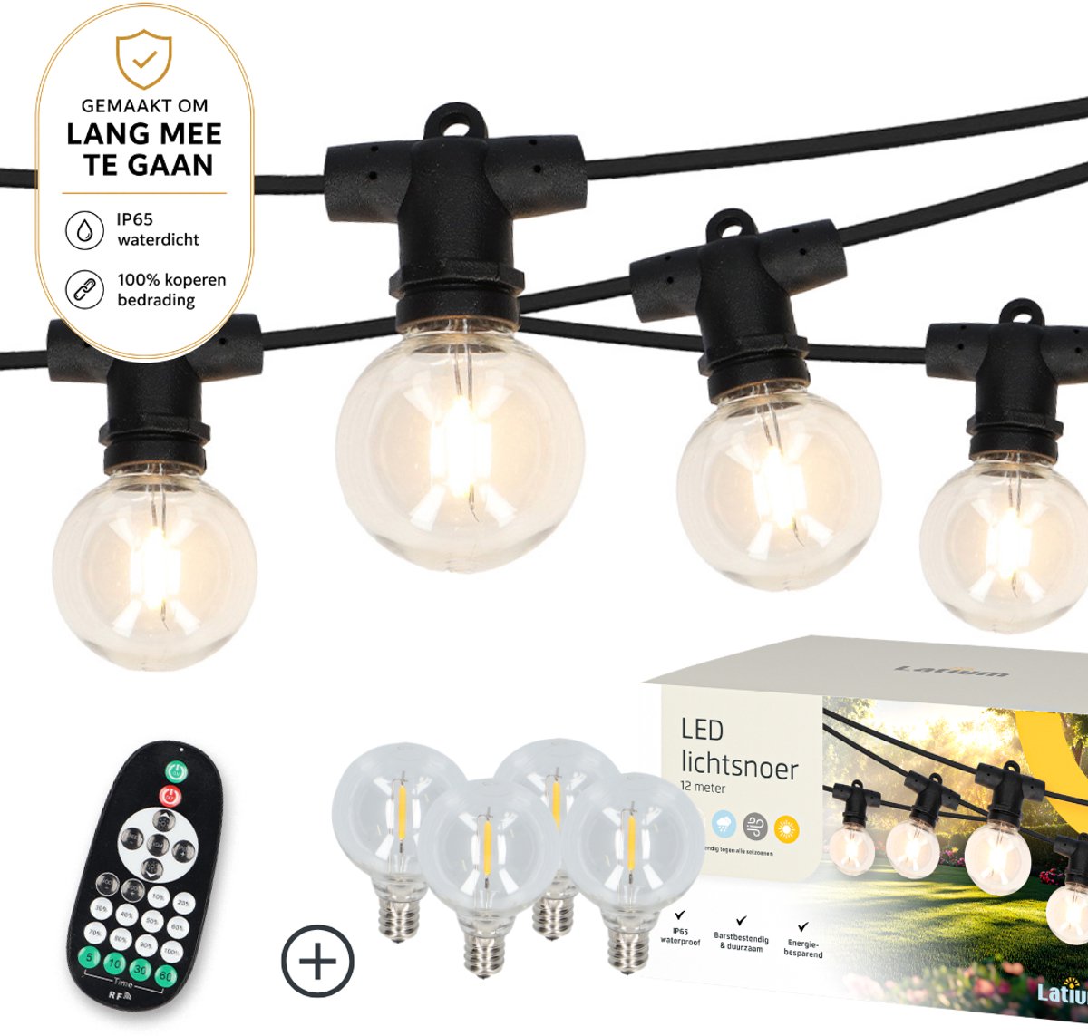 Latium IP65 Waterdicht Lichtsnoer 12m Inclusief Afstandsbediening - Energiezuinig en Verlengbaar - Prikkabel - Lichtslinger Sfeerverlichting voor Buiten en Binnen - Warm Wit 2700K - 4 Extra LEDS