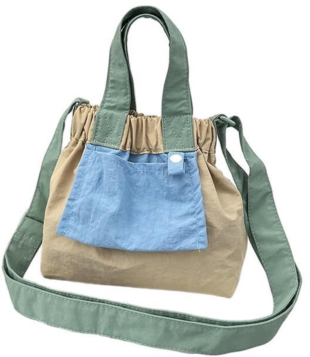 Canvas schoudertas – Color-block – 17 x 16 x 9 cm – Kaki en blauw