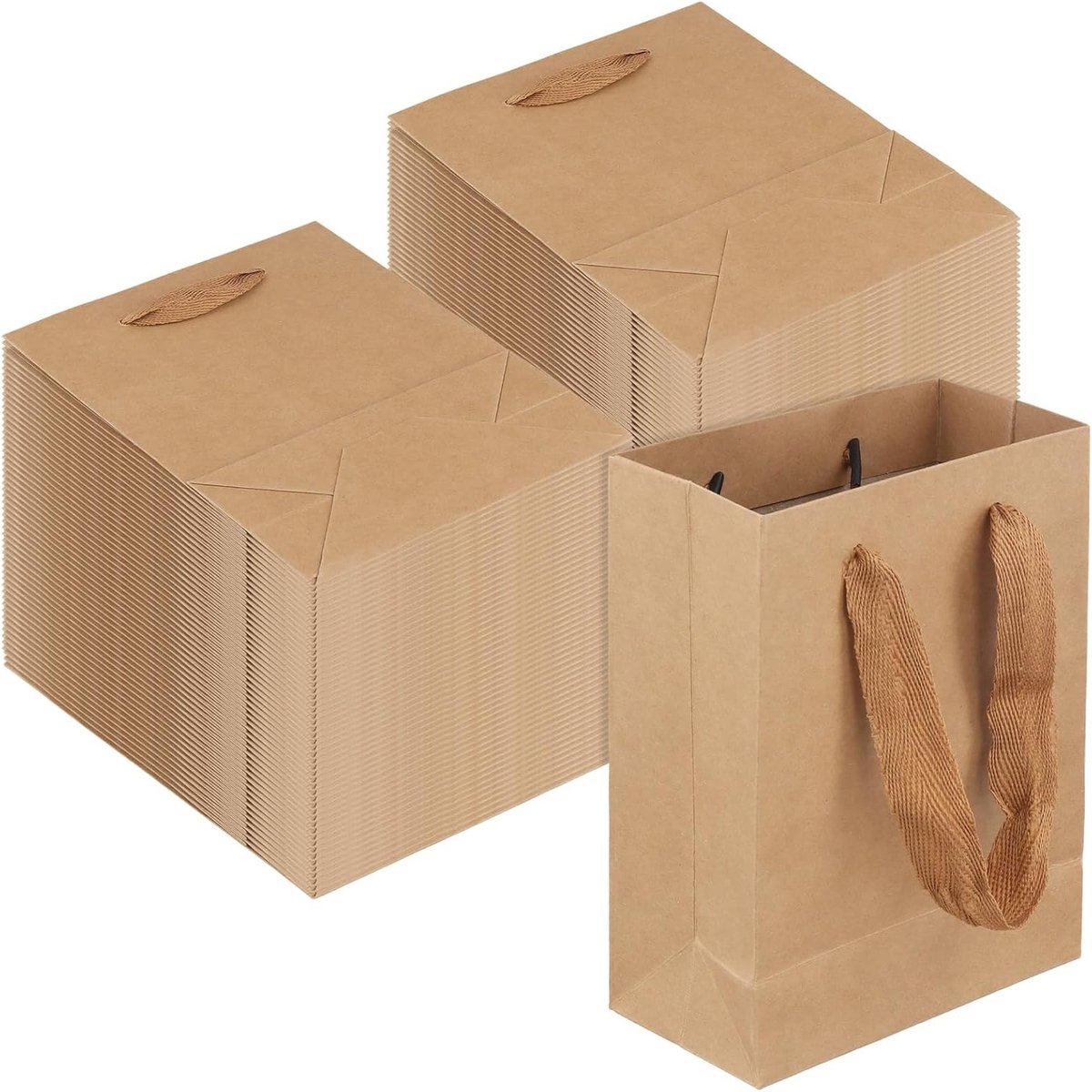Kraftpapier Geschenkzakjes Bruin met Handvat, 12 x 6 x 17 cm, 100 Stuks voor Verjaardagen, Bruiloften en Feestelijke Gelegenheden