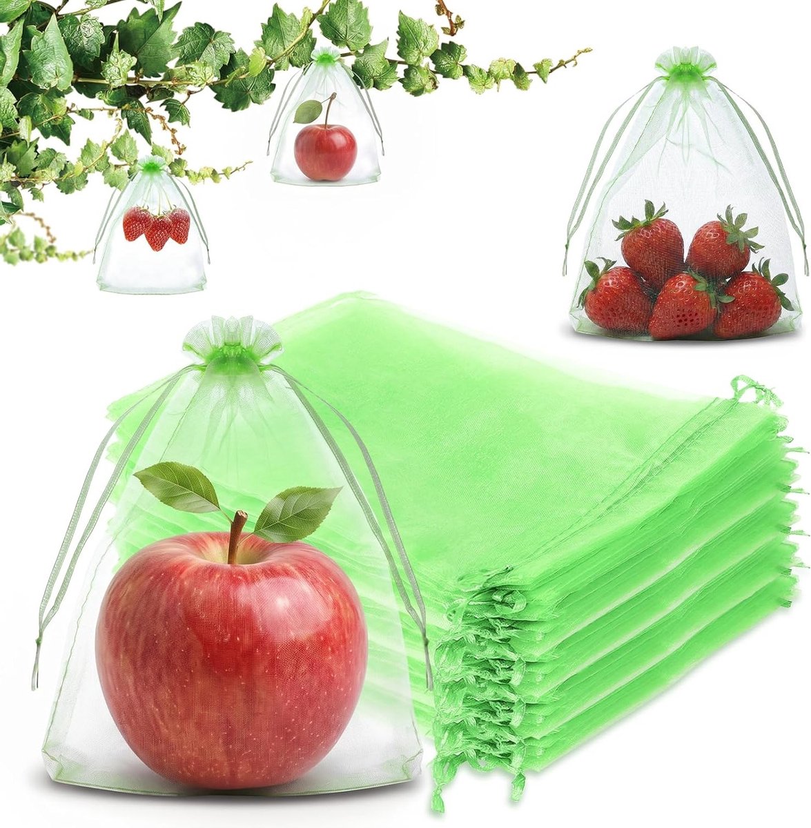 Set van 50 Druiven Beschermzakken 20 x 15 cm voor Fruit, Tuin en Vogelbescherming - Organza en Mesh Zak met Trekkoord tegen Wespen en Fruitvliegen