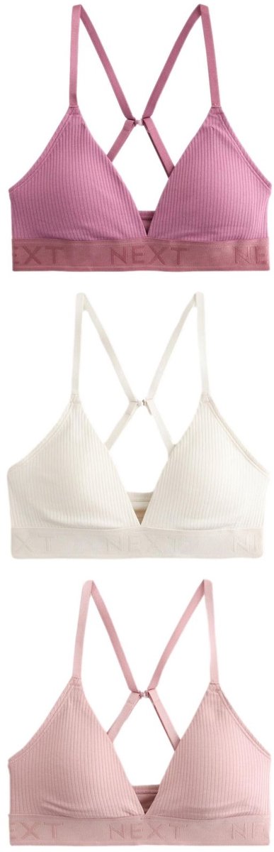 Next Dames - Katoenen geribbelde bralettes met logo, zonder vulling, zonder beugels, set van 3 - Paars Pink/Lilac/Cream