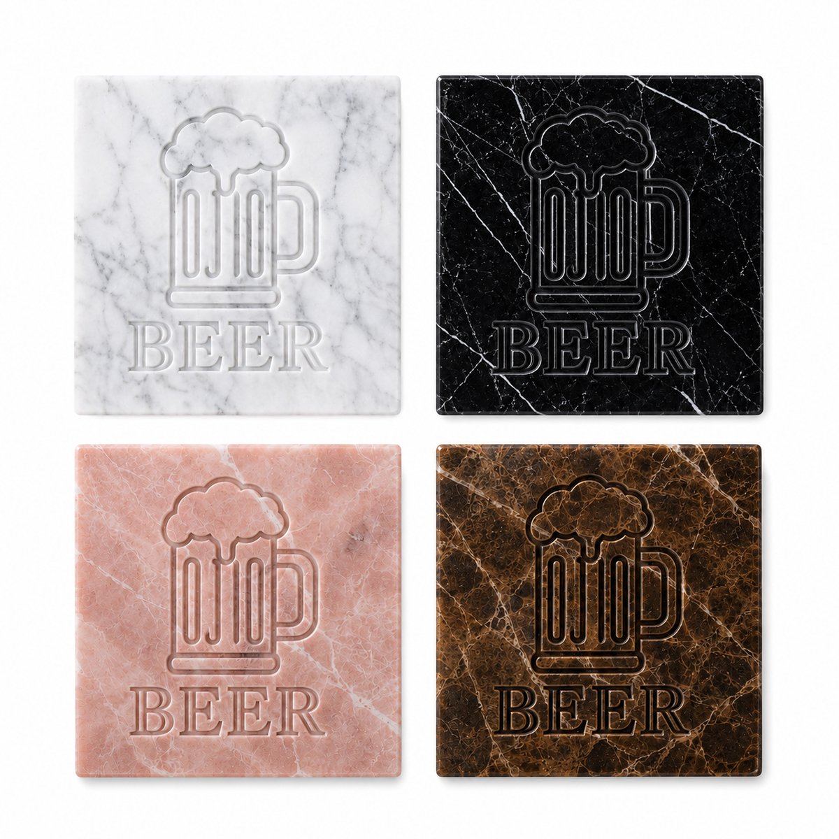 Marmeren Onderzetters Set van 4 – Luxury Quarry – Carrara, Nero Marquina, Rose & Bruin Marmer – Luxe Drankonderzetters