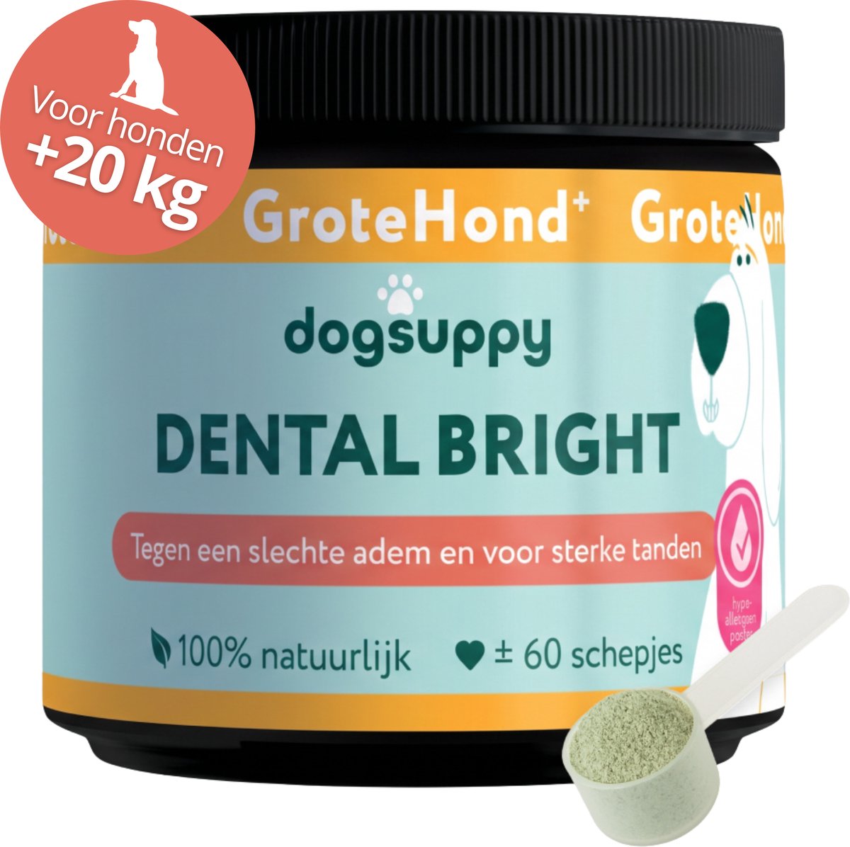 GroteHond⁺ Dental Bright - Gebitsverzorging poeder - Frisse Adem & Gezond Gebit - 250 gram - 100% Natuurlijk - Hypoallergeen - Vermindert Tandsteen & Tandplak - Wittere Tanden - Alternatief Tandpasta Hond & Tandenborstel - Voor Grote Honden +20kg