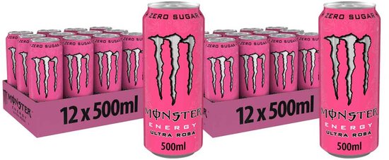 Twee pakken Monster Energy Ultra Rosa met 12 blikken van 500 ml, met roze blikken en een wit Monster logo.