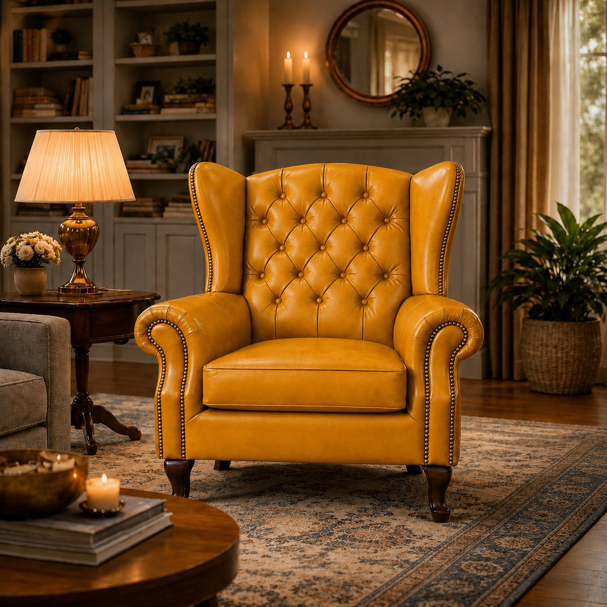 Chesterfield Fauteuil - Cognac Oker Geel - Leer - Stoel Chesterfield - Chesterfield Meubel