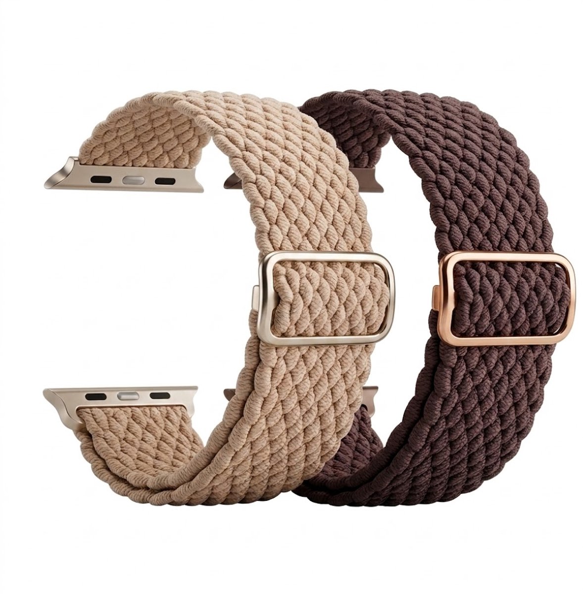 Beige bruin nylon horloge band 2 pack dames heren geschikt voor Apple Watch 42mm (serie 1 / 2 / 3) / 44 mm / 45 mm / 46 mm (serie 10 / 11) / 49 mm (Ultra 1 / 2 / 3) – rekbare band – gevlochten verstelbare stijl