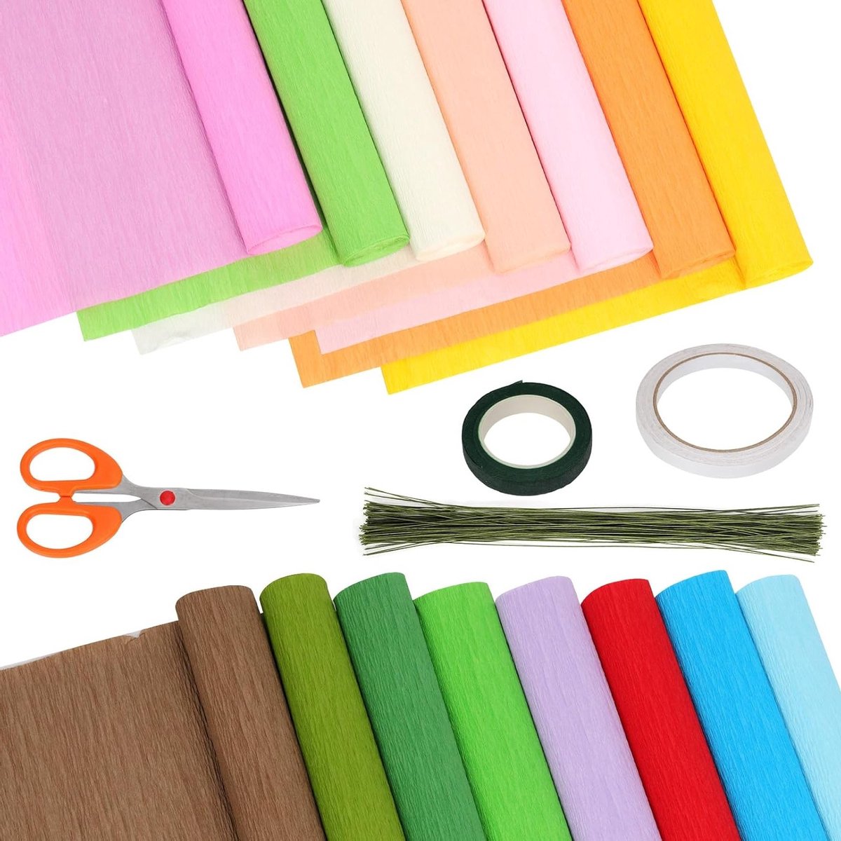 15 Kleuren Brede Crêpepapier Rollen Kit voor DIY Bloemen Maken met Bloemendraad, Tapes en Schaar