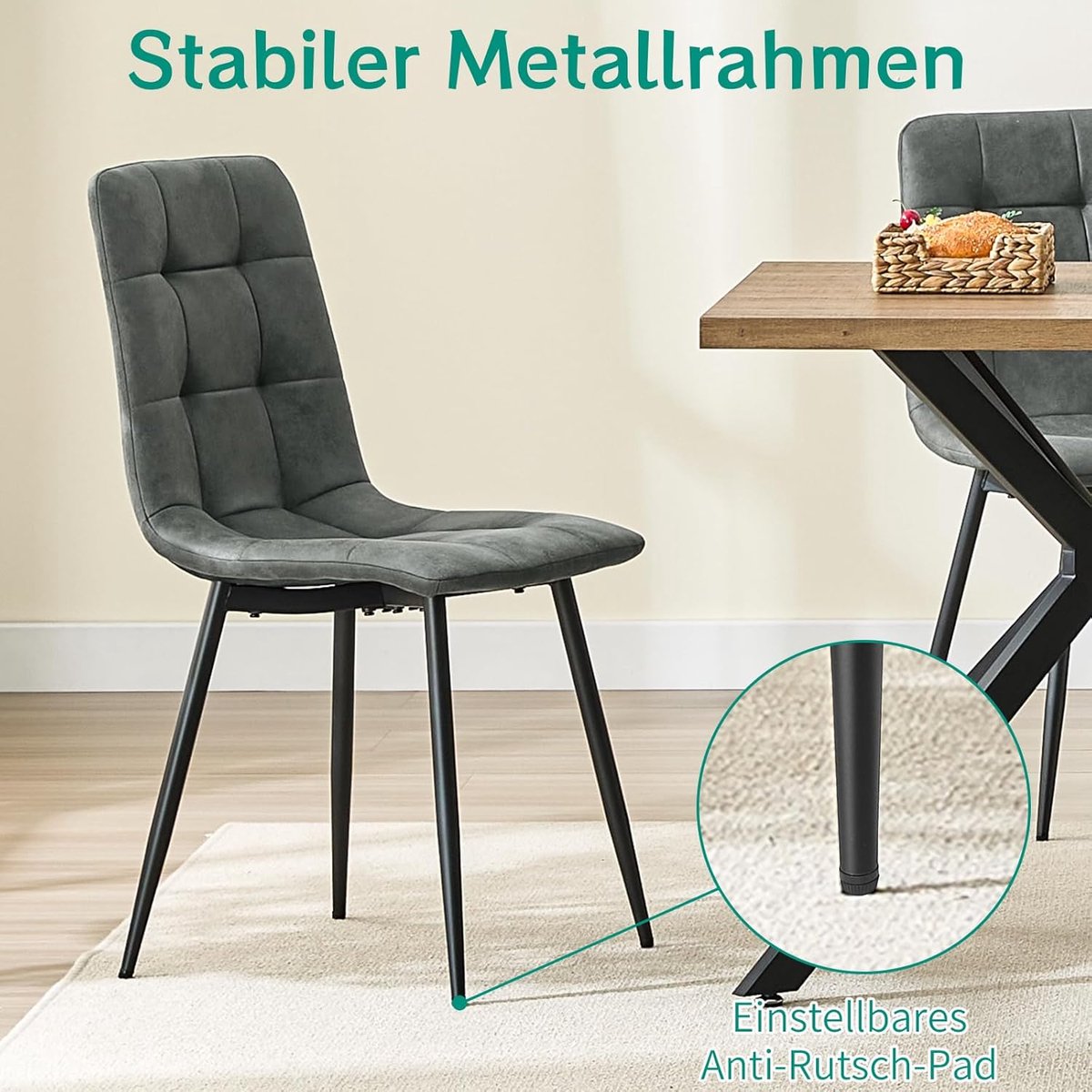 Eetkamerstoelen Set van 6 – Donkergrijs Technologisch Stofleer – Gestoffeerde Keukenstoelen met Rugleuning en Zwarte Metalen Poten – 43 x 41,5 x 88 cm – Moderne Design Stoelen voor Eetkamer en Woonkamer – Mobili Bella