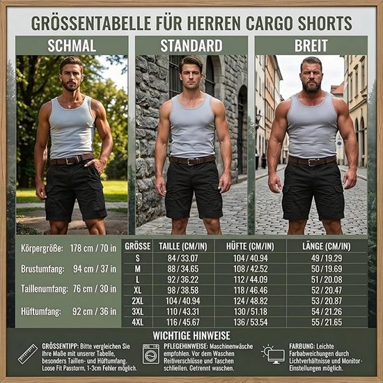 Kraftverdia® Korte broek voor heren, zomer, katoen, stretch, cargo shorts met zakken, outdoor, casual, werkbroek, heren, kort (zonder riem) -3XL