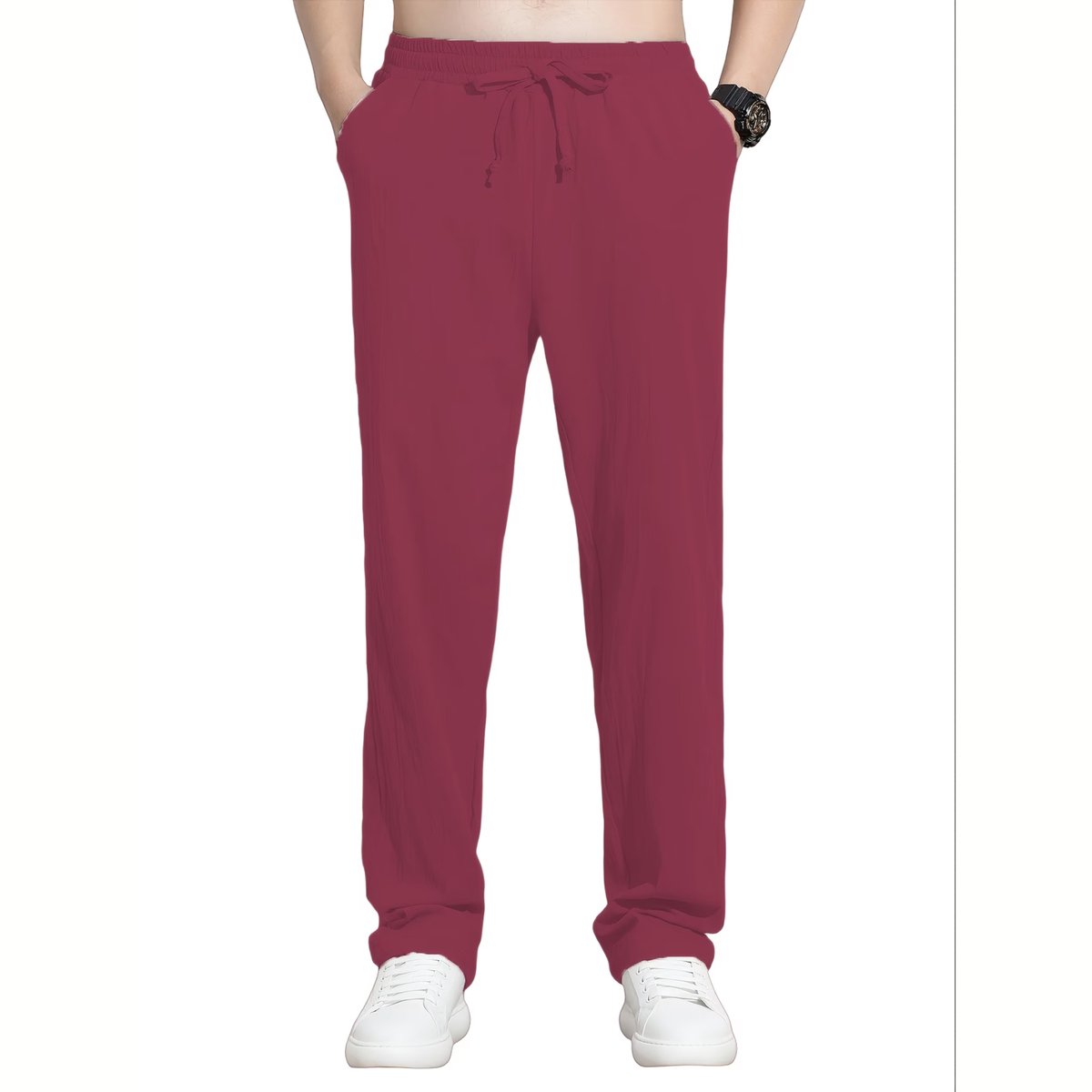 Currero Linnen Broek Heren Zomerbroek Volwassenen Lange Broek Pantalon Strandbroek Zomer Ibiza Stijl Bordeauxrood Kurkuma