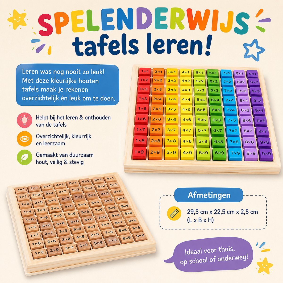 Tafels Leren Houten Leerbord – Vermenigvuldigen & Keersommen – Educatief Speelgoed – Montessori Rekenspel – 2-in-1 Rekenen en Bouwspel — afbeelding 2