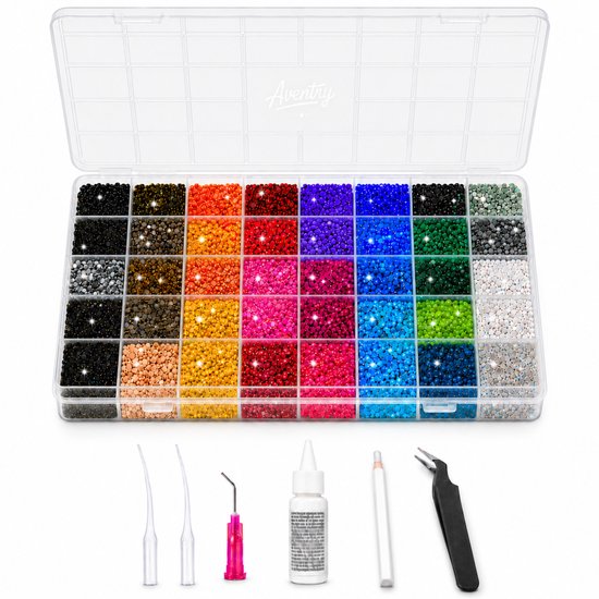 Aventry Bedazzle Kit (met Veilige Lijm & Metalen Precisietip) – 40 Kleuren Strasssteentjes & Rhinestones – 32.000 Stuks – Complete Bedazzling Set met Pincet en Wax Pen