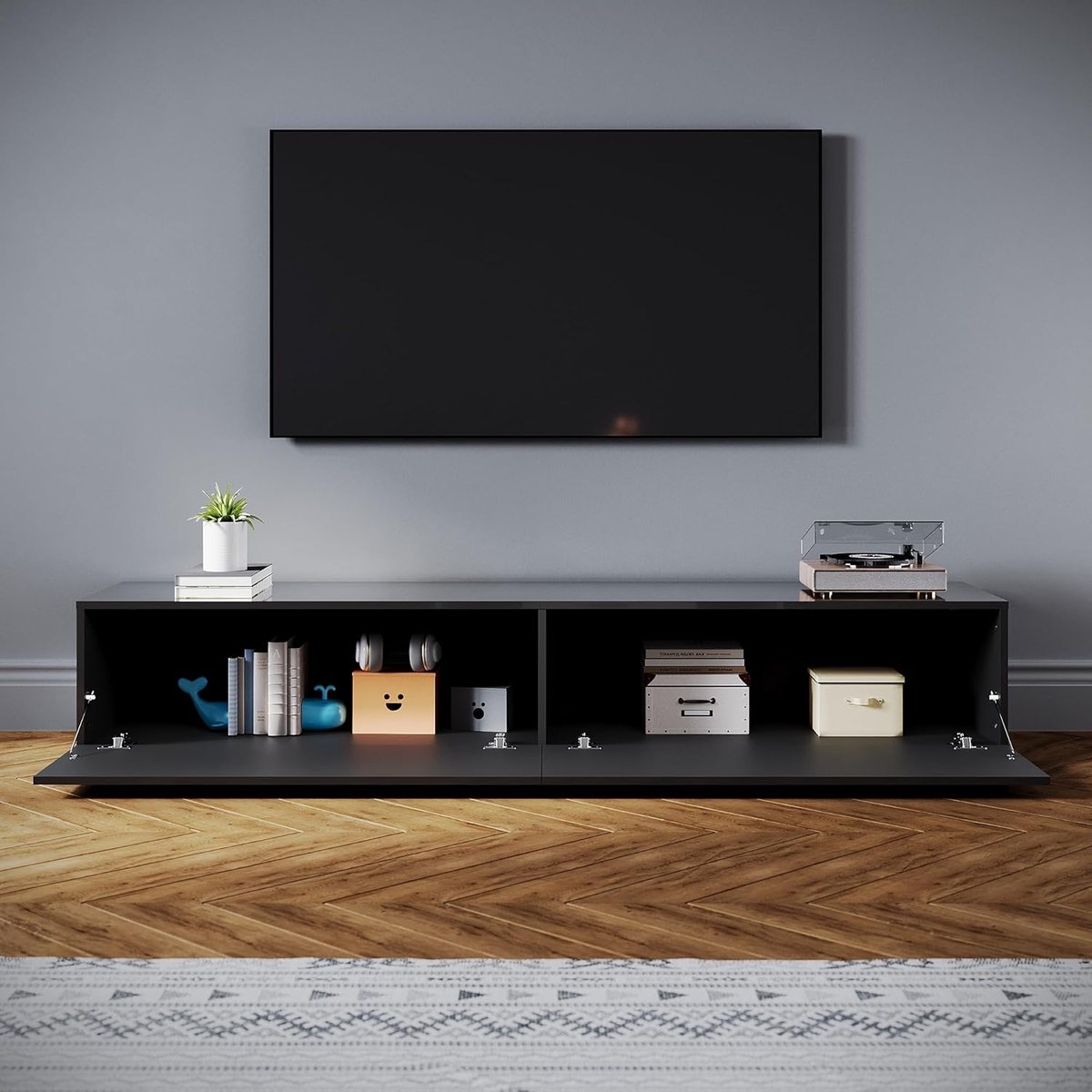 TV-meubel 180 cm Hoogglans Zwart Hangend of Staand - House&Garden Luxe TV Kast met 2 Laden, 2 Deuren, Kabelmanagement en Opbergruimte - Modern Design voor TV tot 65 Inch