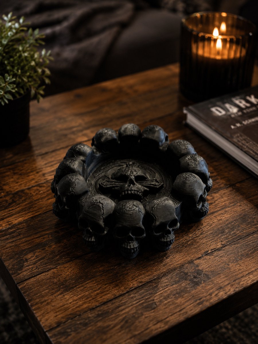 ABCShopper Schedel Asbak Zwart 13 cm – 3D Geprint PLA – Gothic Design – Skull Ashtray – Decoratieve Woonaccessoire – Mancave Decoratie