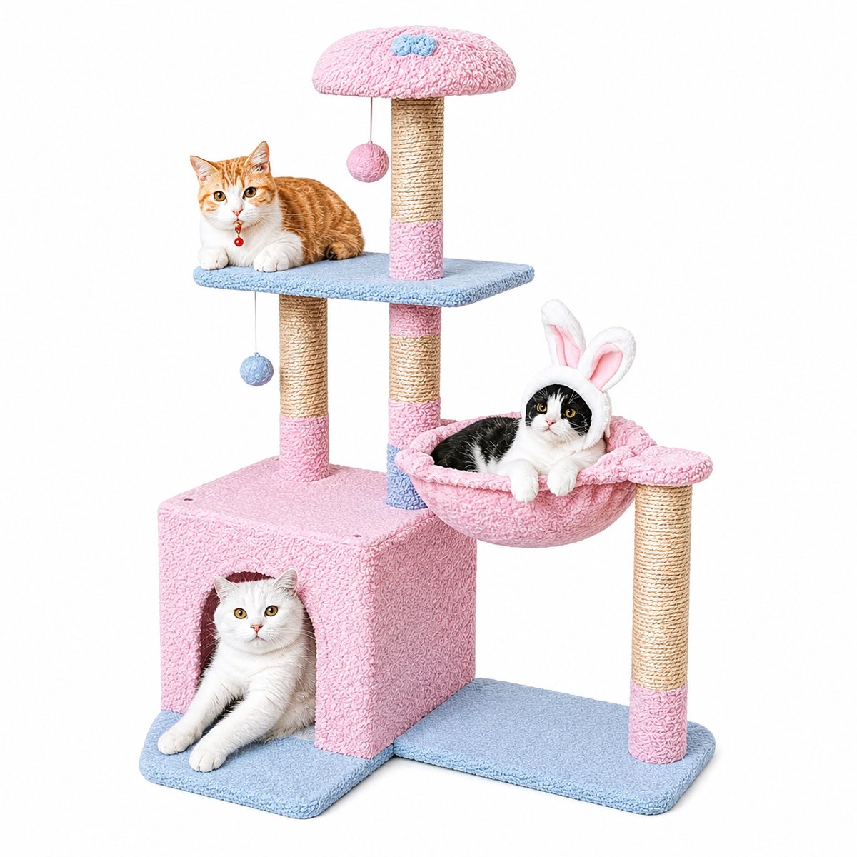 NordPaw® Kattenboom met Hangmat & Kattenhuis – Roze/Blauw – Krabpaal voor Binnenkatten – Klimmeubel met Ligplatform en Speelballen – 94 cm
