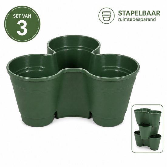 Benza Set van 3 Stapelbare Bloempotten – Lichtgroen – PP Kunststof – Ruimtebesparende Plantenpotten – 22 x 22 x 9 cm