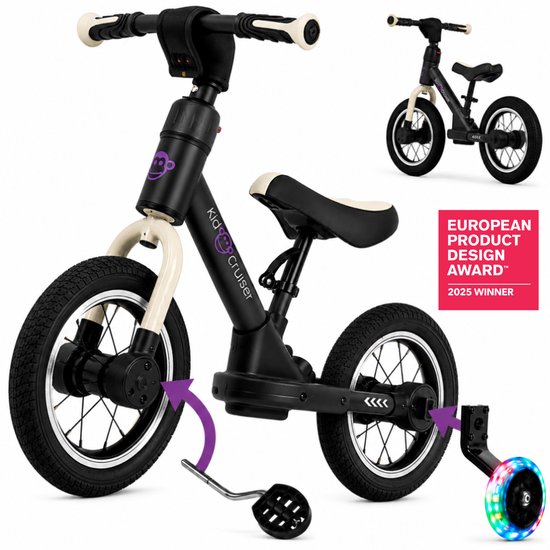 Kidcruiser Loopfiets 2+ jaar - Met LED Zijwieltjes & Trappers - 3-in-1 Kinderfiets - 12 inch – Mat Zwart – Modulair Design
