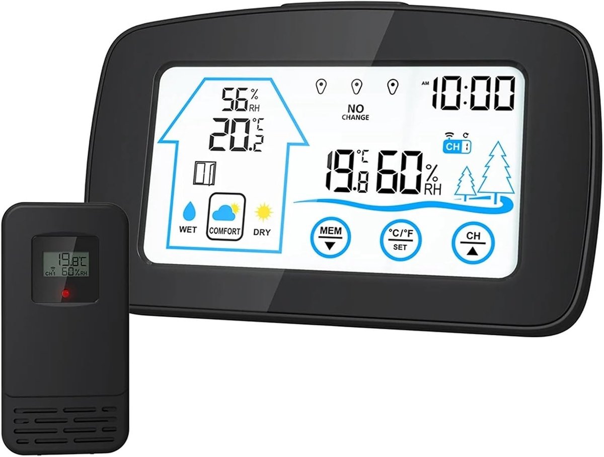 Weerstation Touchscreen - Temperatuur Vochtigheid - Binnen Buiten Meten - Groot Kleurenscherm - 152 x 95 mm - Zwart