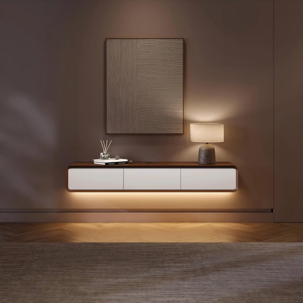 Mobili Bella TV-Meubel Zwevend 160x37x25 cm – Modern Wand TV-Meubel met LED Verlichting, 3 Klepdeuren en Kabelmanagement – Wit & Walnoot