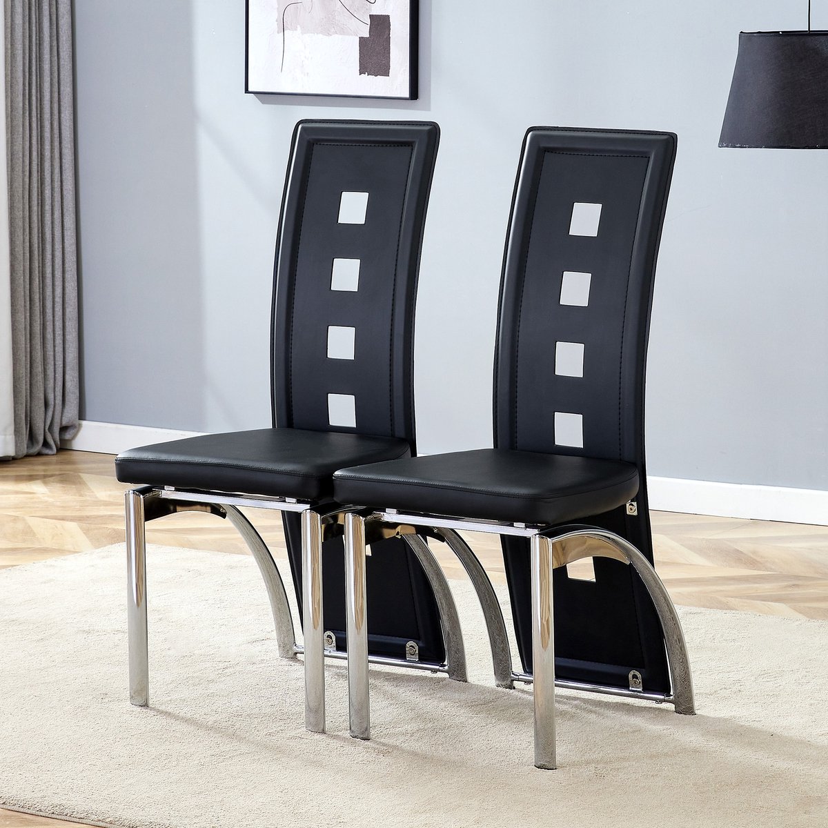Clruro Eetkamerstoel Set - 102,5 cm - Opengewerkt Design - PU-Leer + Metaal - Zwart/Zilver