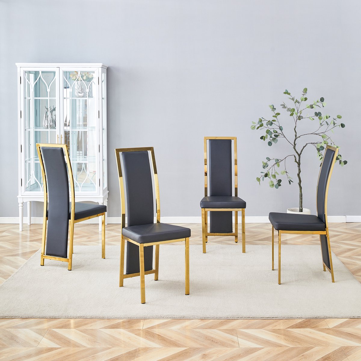 Clruro Eetkamerstoel Set - 109 cm - Minimalistisch met Goudrand - PU-Leer + Metaal - Zwart/Goud