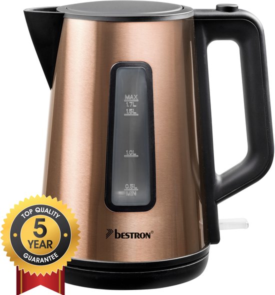 Bestron Waterkoker, met 360° basis & tot 1.7 Liter capaciteit, automatische kookstop & droogkookbeveiliging, 2200W, AWK1000CO, kleur: Koper