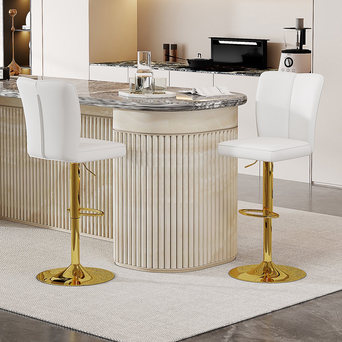 Clruro Barkruk Set - 2 Stuks - Hoogteverstelbaar - 360° Draaibaar - PU-Leer - Wit/Goud