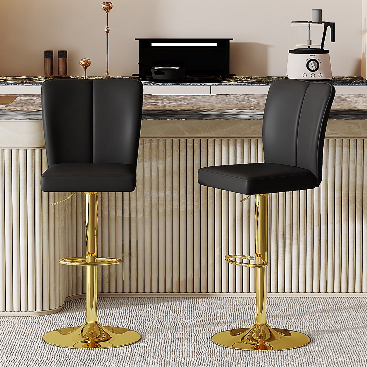 Clruro Barkruk Set - 2 Stuks - Hoogteverstelbaar - 360° Draaibaar - PU-Leer - Zwart/Goud