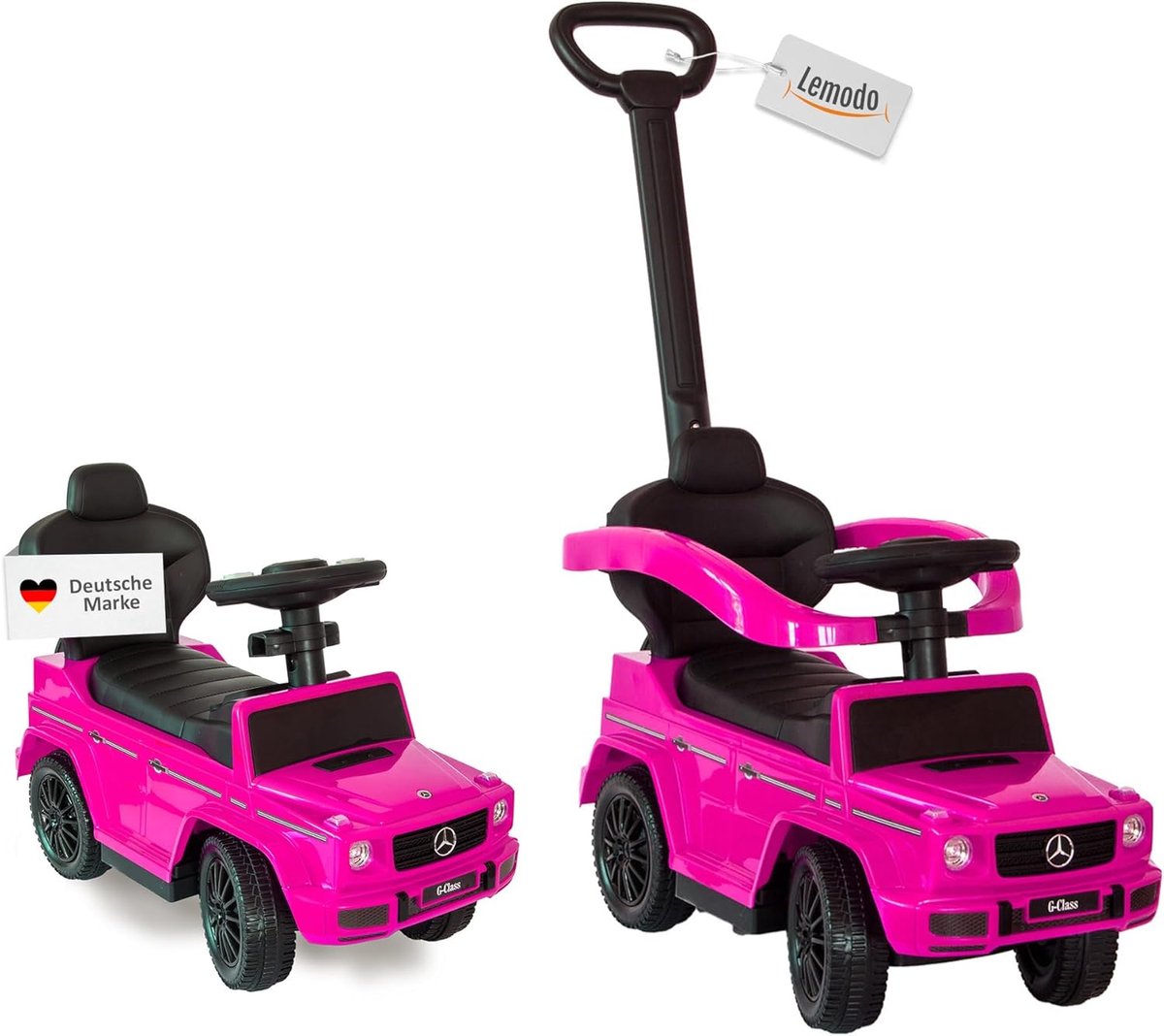 Glijauto met stang - Duwauto loopauto - Buitenspelen motoriek - Veiligheidsbeugel kantelstop - 85 x 40 x 95 cm - Roze