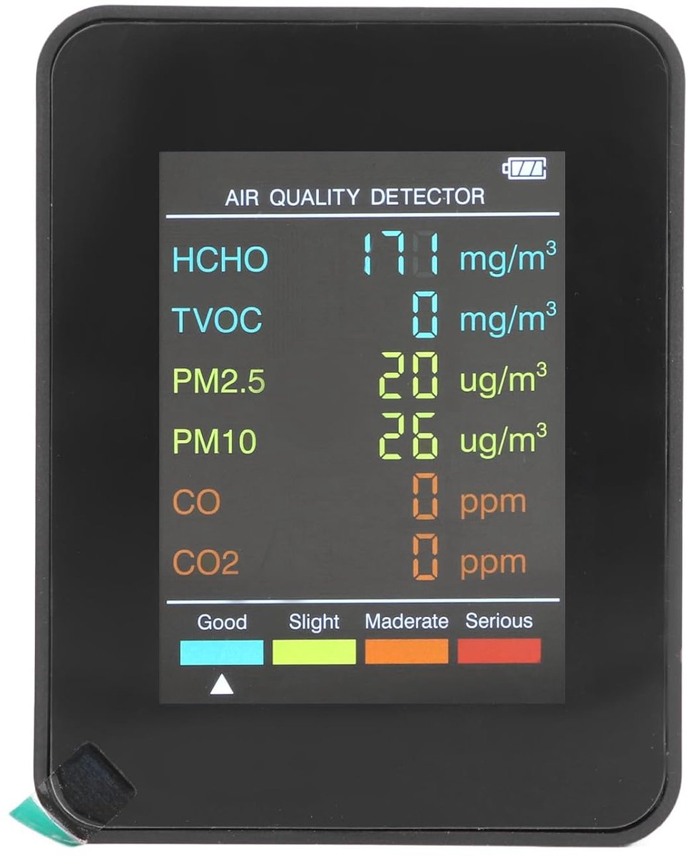 Luchtkwaliteitsmonitor - Binnenlucht tester - Gezonde leefomgeving - Meet 5 stoffen - LCD display - Zwart