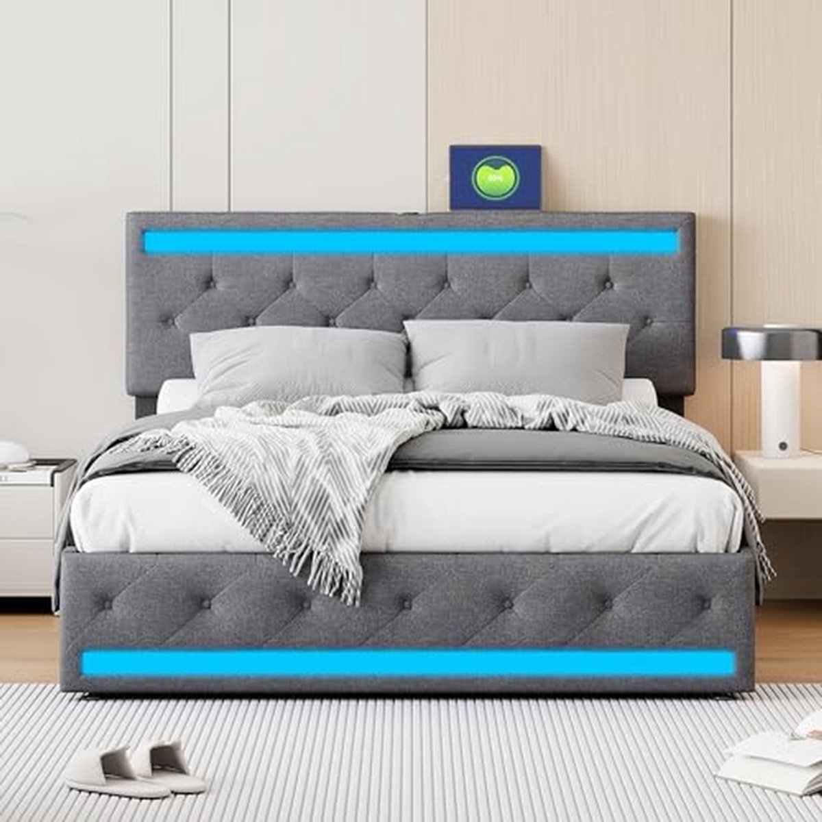 Boxspringbed met lade - Tweepersoonsbed - Opbergen en slapen - LED en USB - 160x200 cm - D