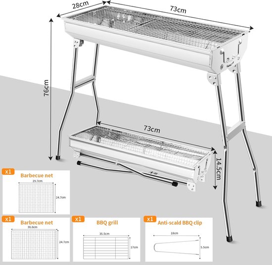 Draagbare Houtskoolgrill - Klapgrill Picknickgrill - Outdoor Koken - Montage Zonder Gereedschap - Voor 5-10 Personen - Zilver — afbeelding 5