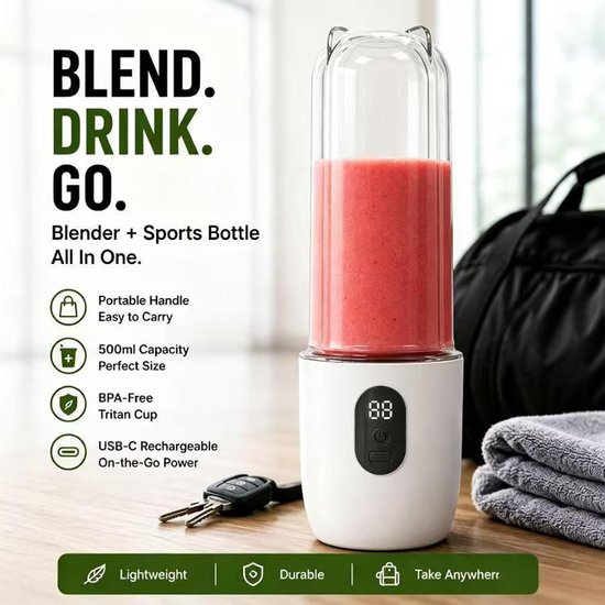 KZQ Draagbare Blender voor Eiwitshakes en Smoothies, 500 ml USB-C Oplaadbare Persoonlijke Blender met Led Scherm, 16-Mes Smoothiemaker voor Thuis Werk Reis van kzq — afbeelding 3