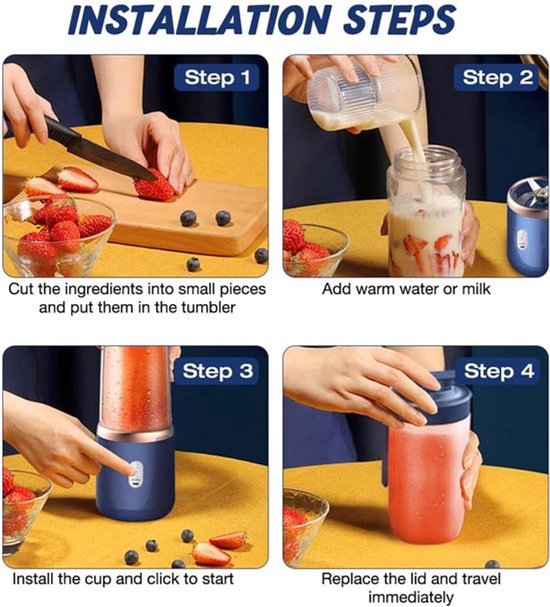 Draagbare multifunctionele sapcentrifuge, blender & milkshake-maker - Miniblender - 400 ml - Oplaadbaar via USB - Compacte blender - Geschikt voor milkshakes, vruchtensap en smoothies - Blauw — afbeelding 2