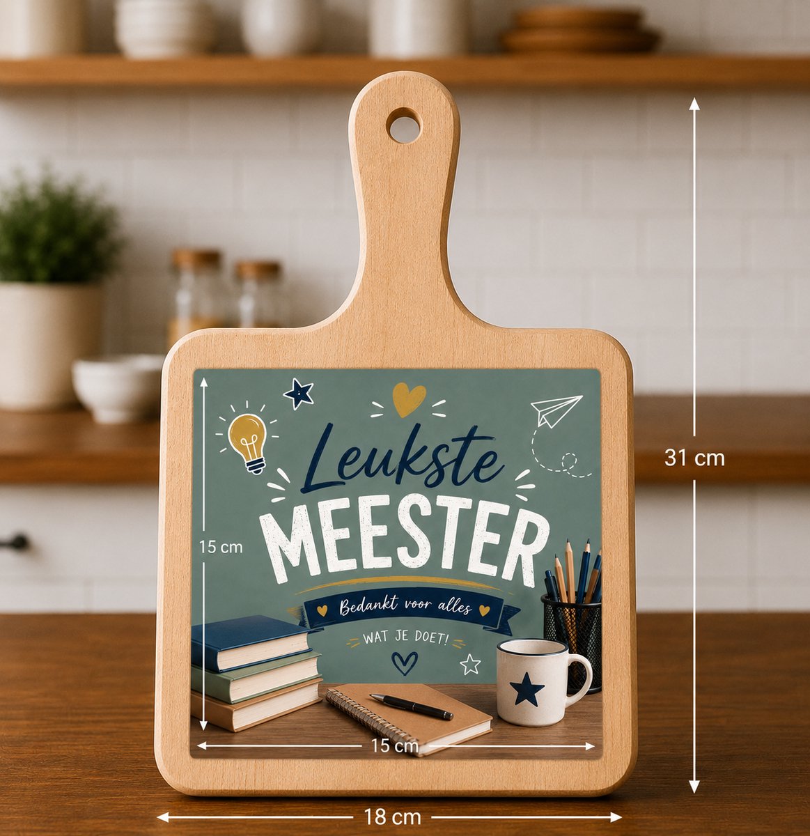 Kaasplank Leukste Meester – Houten Serveerplank met Tegel 15x15 cm – Bedankje voor Meester – Plank 18x31 cm