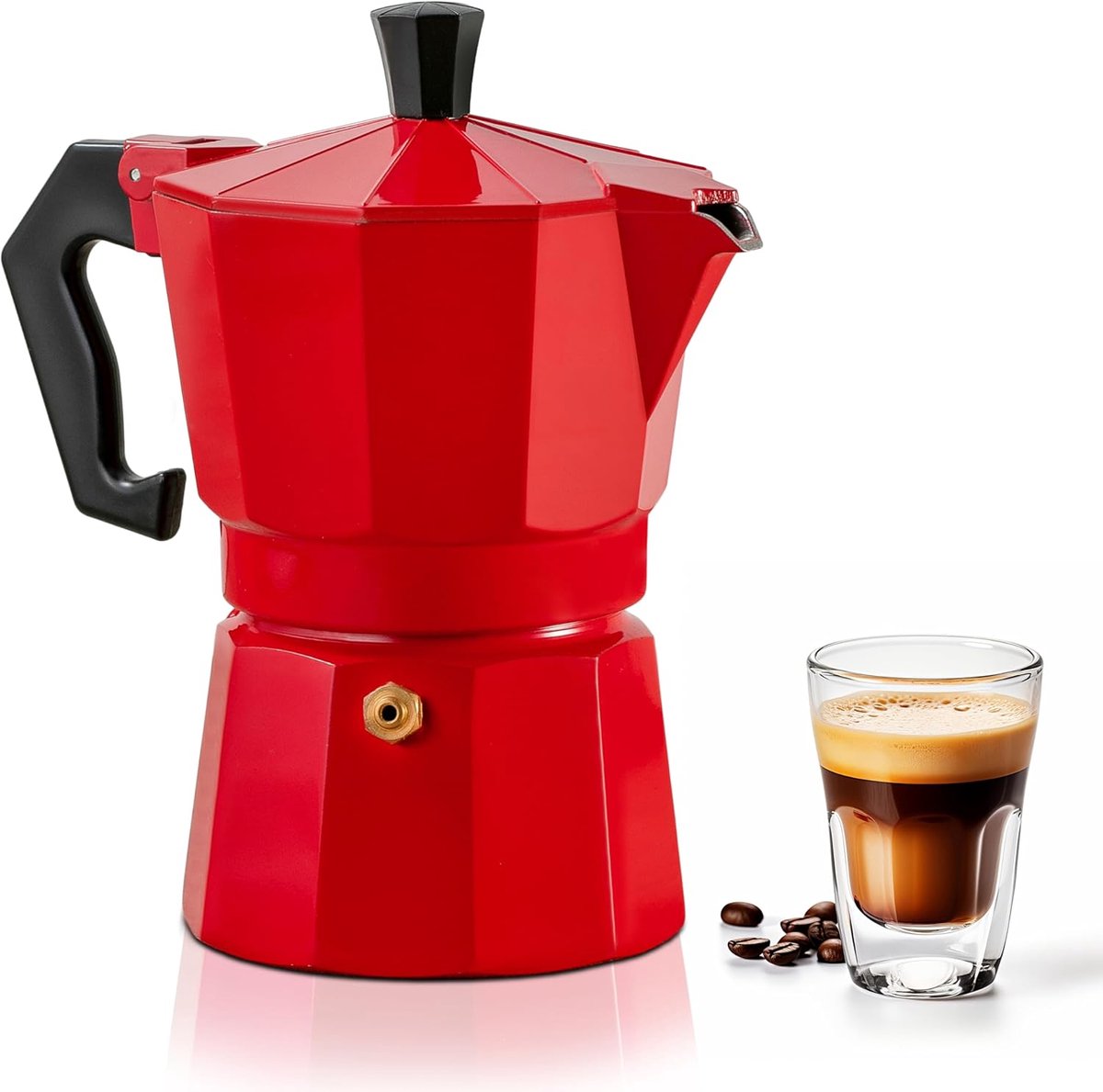 Koffiezetapparaat - Moka pot - Espresso maken - Aluminium design - 15 cm hoog - Rood