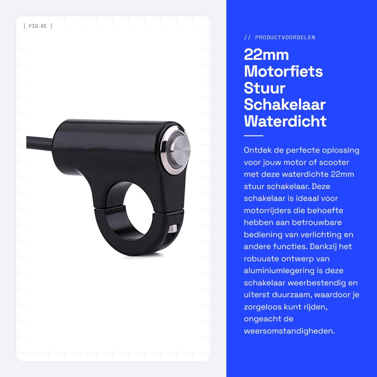 Dailygoods - 22mm Motorfiets Stuur Schakelaar - Waterdicht - Duurzaam - AAN/UIT Schakelaar - Voor Motor Scooter - Aluminiumlegering