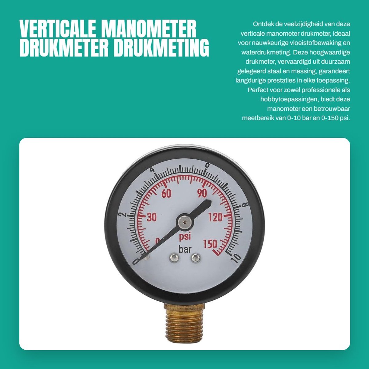 Dailygoods- Drukmeter 0-10 Bar - Manometer Waterdruk - Gelegeerd Staal/Messing - Nauwkeurige Metingen - Universele Compatibiliteit - Duurzaam