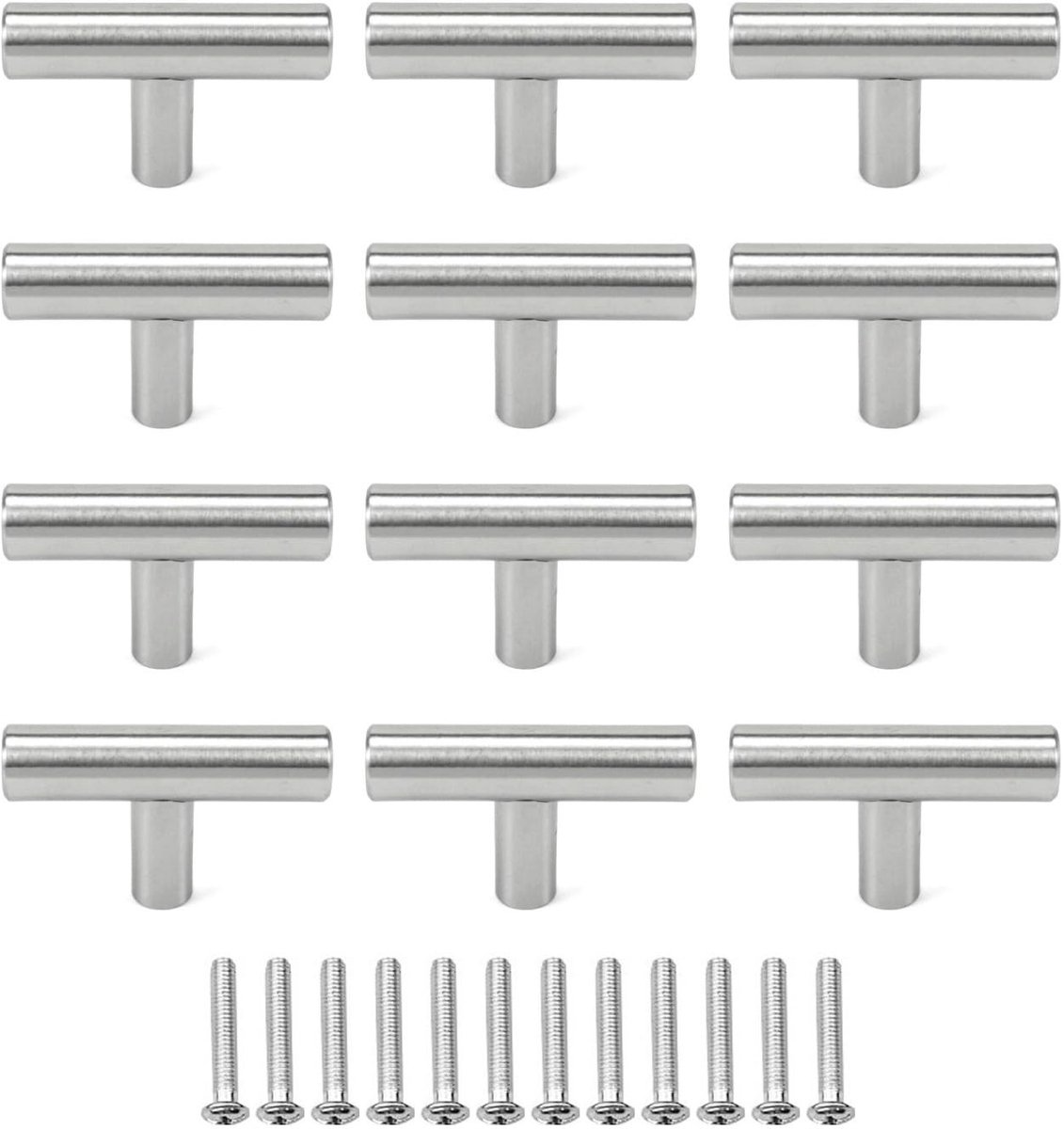 Dailygoods- Kastgrepen - 12 Stuks T-vormige Meubelgrepen - Geborsteld RVS - 50 mm Lengte - M4 Bevestigingsschroeven - Geschikt voor Kasten