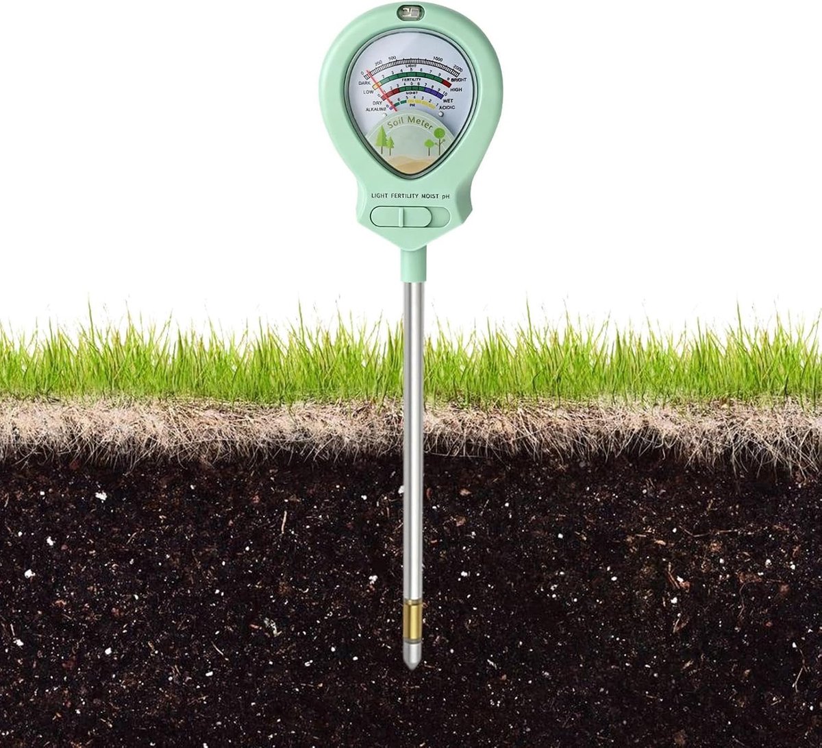 Bodemtester 4-in-1 - Grondmeter Vochtigheid - Planten Verzorgen - Meet Vocht Licht pH - 28 cm - Groen