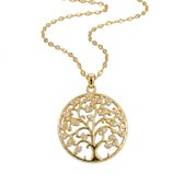 Goudkleurige ketting voor dames met ronde hanger levensboom en strass