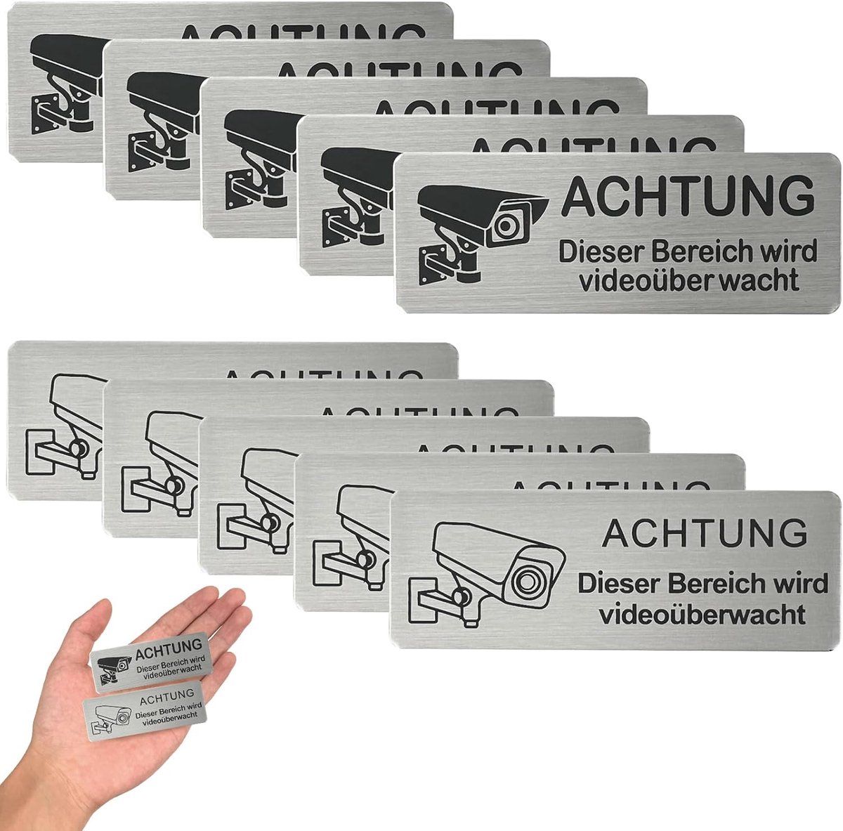 Waarschuwingsborden - Camerabewaking - Veiligheid Aangeven - Zelfklevend Aluminium - 10 Stuks 8.5x3cm - Zwart Wit