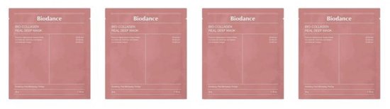 Verpakking van vier Biodance Bio-Collagen Real Deep Mask gezichtsmaskers in roze hoezen.