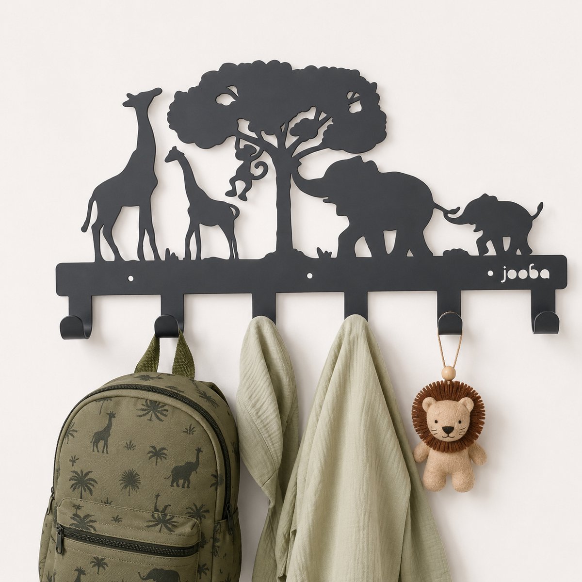 Jooba Kinderkapstok - Kinderkamer - 6 Haken - Jungle - Dierenkoppen - Kapstok hangend - Metaal - Zwart - Wandkapstok - Met bevestigingsmateriaal