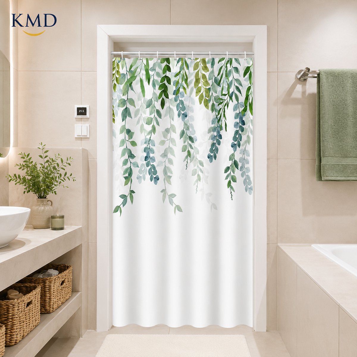 KMD Douchegordijn met Eucalyptusbladeren Motief, Wasbaar Polyester, Inclusief Gewichtjes, 120 x 200 cm, Groen/Wit