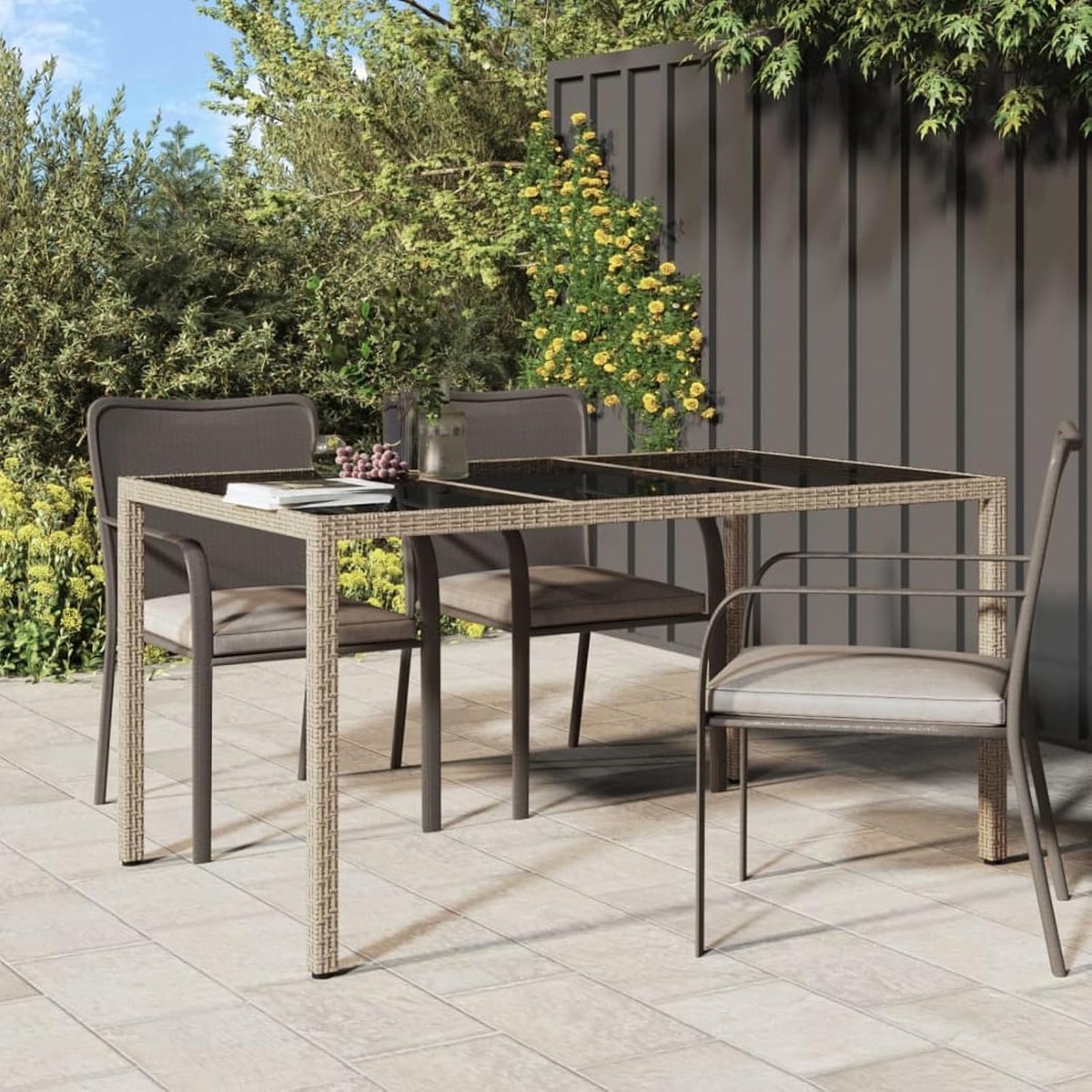 Tuintafel Polyrotan - Buitentafel Tuinmeubel - Buiten Eten - Gehard Glasblad - 150 x 90 cm - Beige Zwart