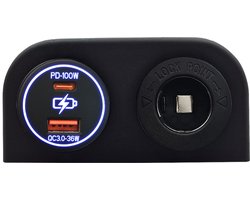 ProRide 12-24V USB/USB C Autolader 2 Poorten Opbouw - 100W+36W QC3.0 - Sigarettenaansteker - Blauw
