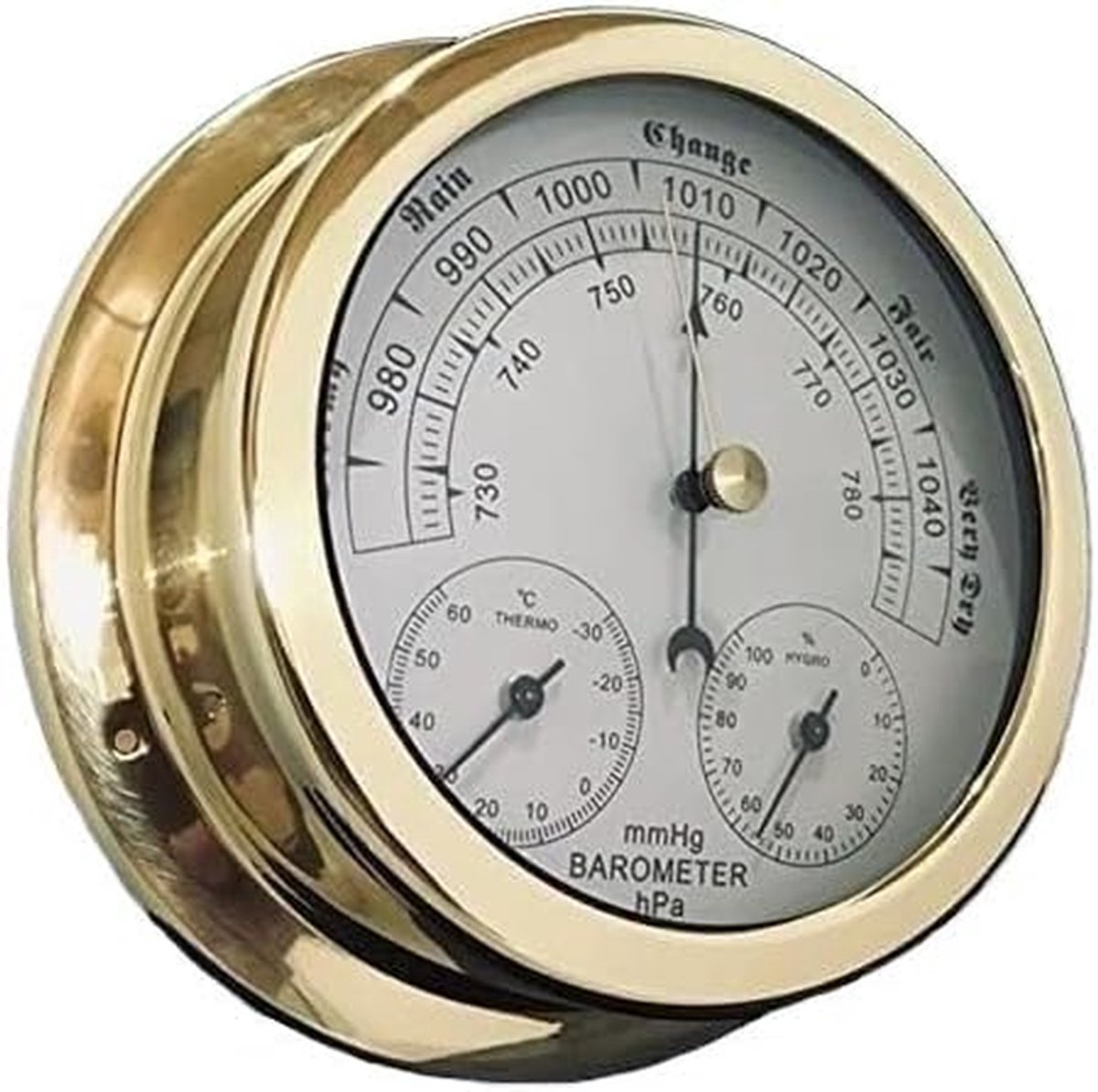 Weerstation barometer - Weervoorspeller - Weer voorspellen - 3-in-1 meting - 14 cm diameter - Goud